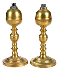 Pair of 19th Century Turned Brass Whale Oil Lamps