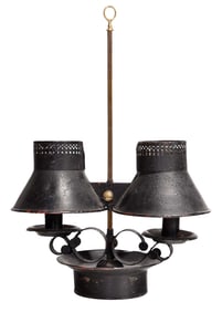 Tole and Brass Two Light  Bouillote Candlestand with Adjustable Shades