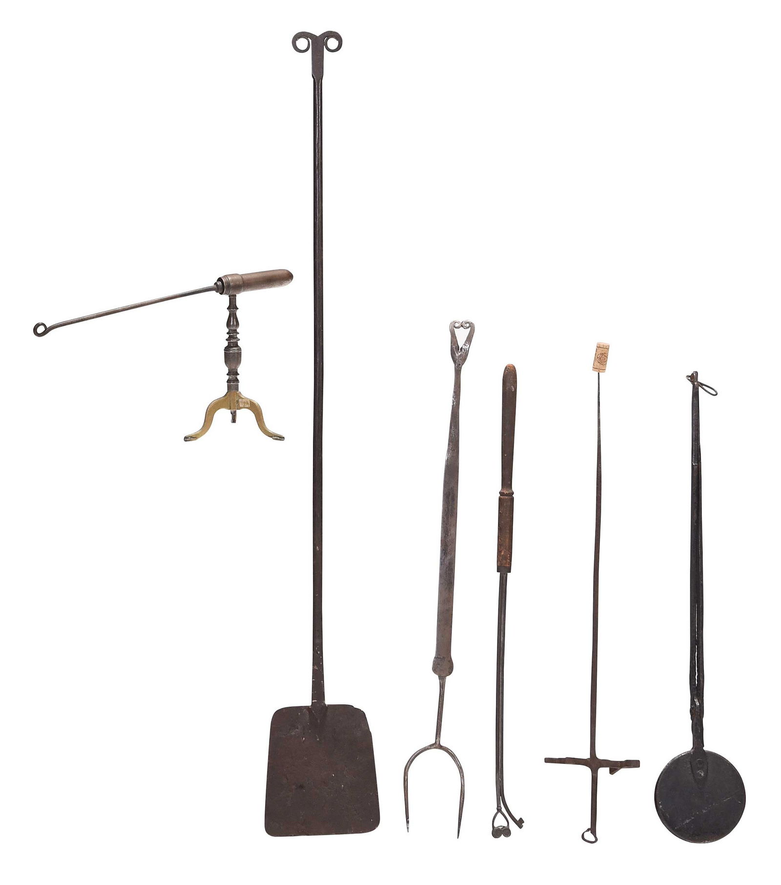 Six Assorted Fireplace and Cooking Implements: 19th century or earlier, including fork, peel, goffering iron, roasting fork, lighting device, and waffle iron, largest 48-3/4 x 7 x 3/4 in. Provenance: The Ray J. and Anne K. Groves Collection