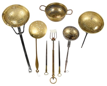 Eight Brass and Iron Cooking Utensils