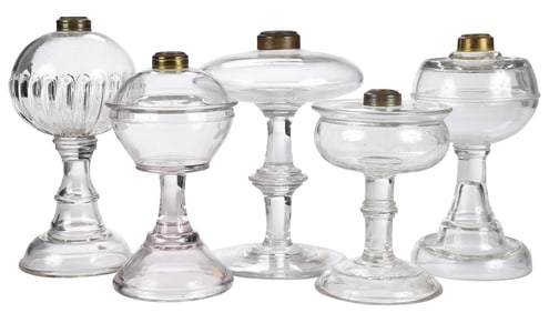 Five Clear Stemmed Glass Fluid Lamps