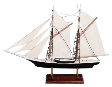 Folk Art Carved and Painted Two Masted Schooner on Stand