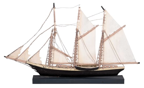 Carved and Painted Folk Art Three Masted Schooner