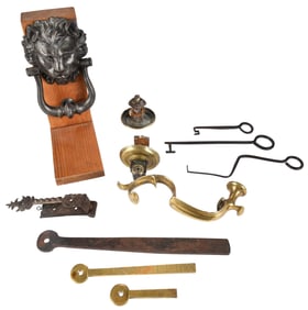 Nine Assorted Door Implements, Knockers, Hinges, and Keys