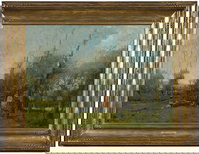 Henry Ward Ranger: (American, 1858-1915) Cottage Near the Village, signed lower left "H W. Ranger" and illegibly dated, oil on canvas, 18 x 25-1/2 in.; gilt wood and composition frame, 25-1/4 x 32-5/8 x 1-3/4 in. Proven