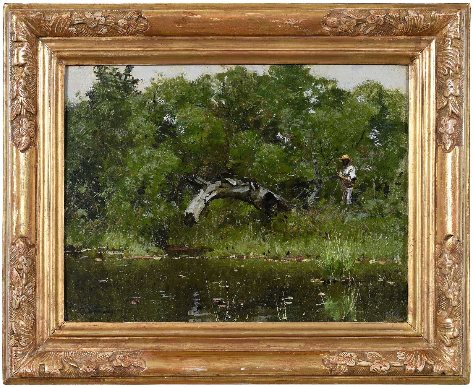 Gilbert Gaul: (American, 1855-1919) Gone Fishing, circa 1890, signed lower left "G Gaul", oil on canvas, 12 x 16 in.; fine period carved gilt wood frame, 17-1/4 x 21-1/4 x 3 in. Provenance: Collection of Thomas Van