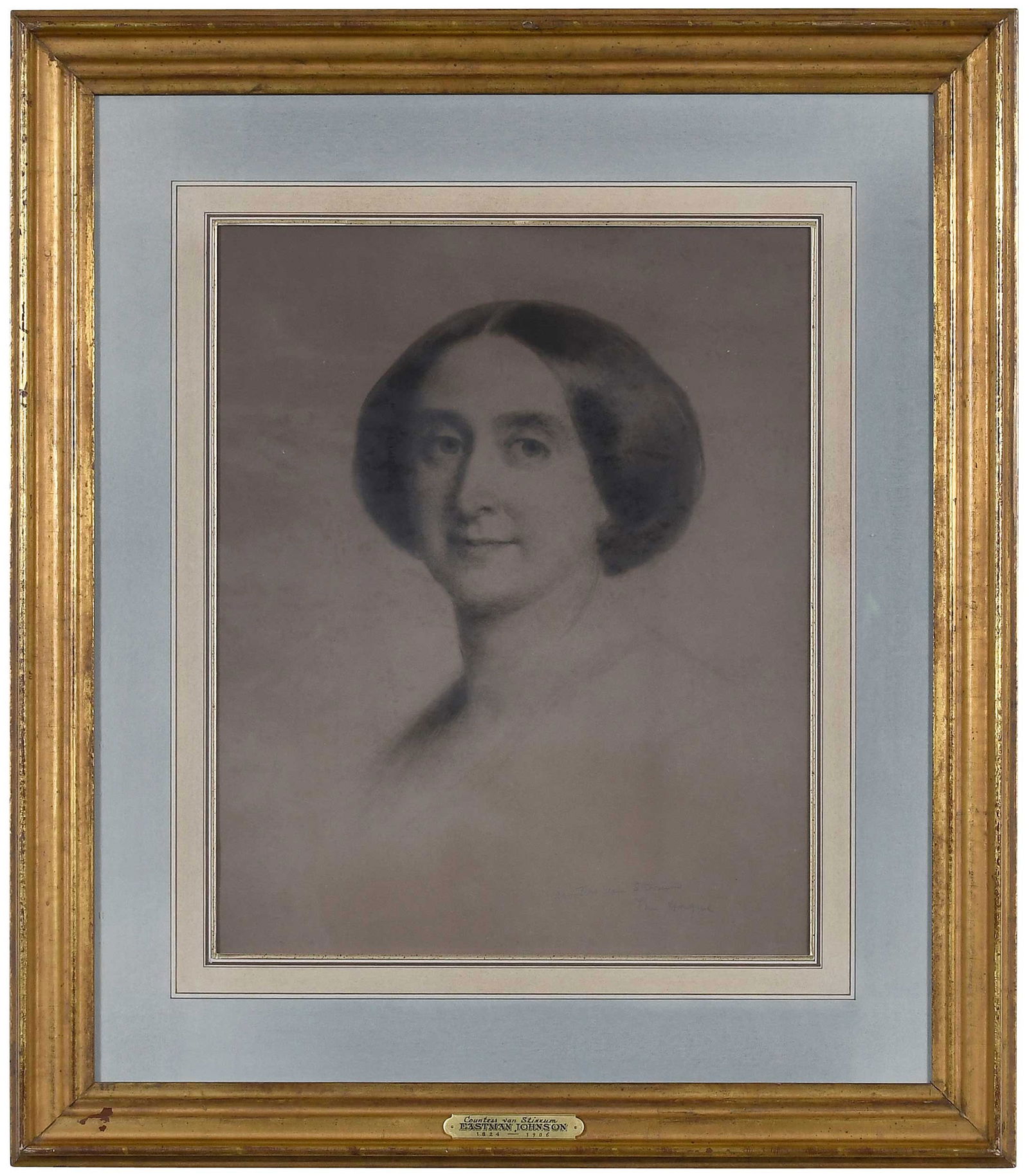 Eastman Johnson: (American, 1824-1906) Countess Van Stirrum, circa 1851-55, inscribed lower right "Countess Van Stirrum/The Hague", charcoal on tan paper, sight 18-3/4 x 15 in.; fine gilt wood frame, 29-3/4 x 25-3/4 x