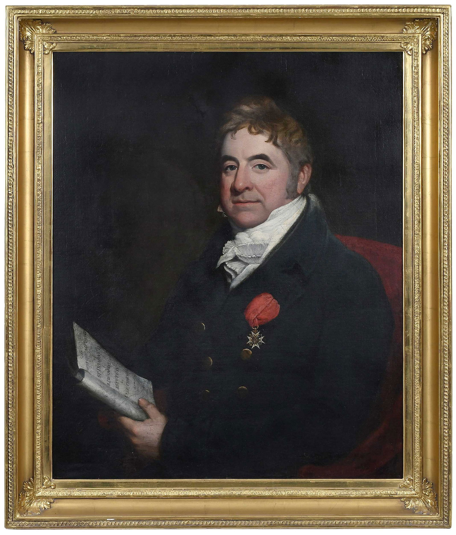 Attributed to Gilbert Stuart: (American, 1755-1828) Portrait of Col. Pierre Francois Venault de Charmilly, unsigned, oil on canvas, 34 x 28 in.; fine period carved gilt wood frame, likely original, 40 x 34 in. Provenance: Descende