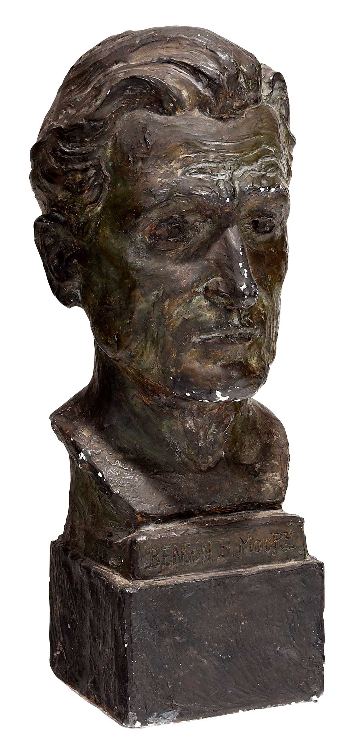 Clara Hill Plaster Bust: (District of Columbia/Massachusetts, 1870-1935) Portrait of artist Benson Bond Moore (American/Washington, D.C., 1882-1974), signed on truncation "Clara Hill sc", painted plaster on integral base, app