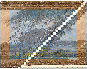 Eliot Candee Clark: (American, 1883-1980) Seascape, A Quiet Inlet, signed lower left "Eliot Clark", oil on canvas, 20 x 27 in.; fine ornate carved gilt wood frame, 26-1/4 x 33 x 2-1/2 in. Provenance: Schwarz & Co., Phila