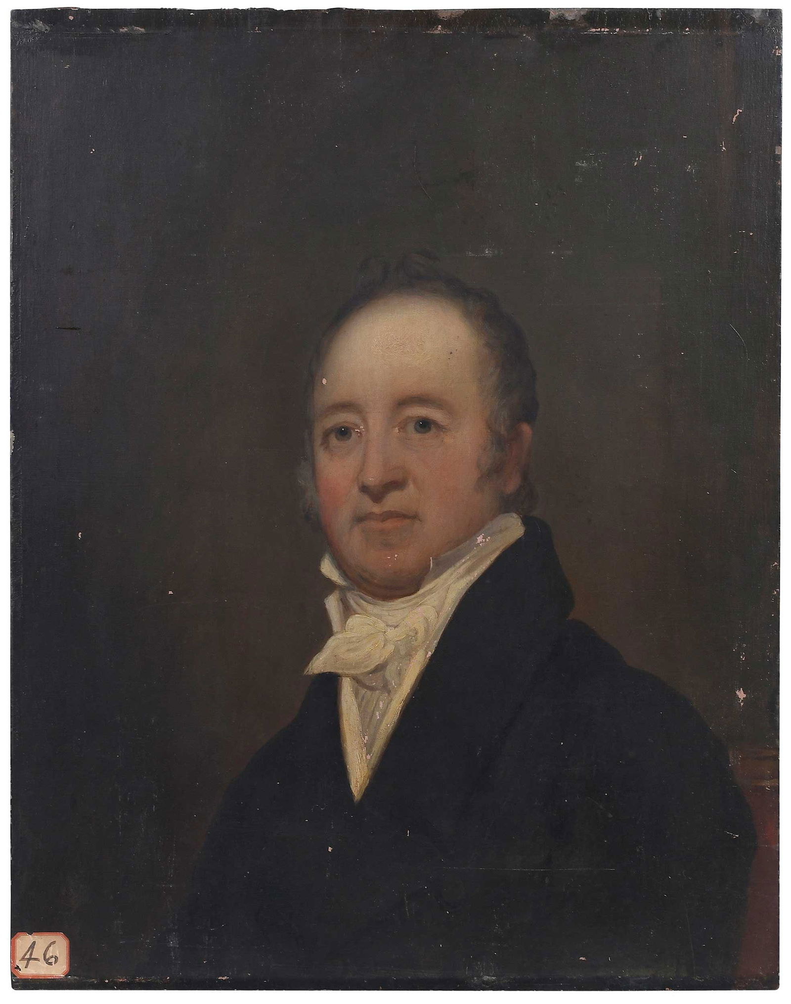 After Gilbert Stuart: (American, 1755-1828) Portrait of William Reed (1776-1857), unsigned, paper label recto "46", paper label verso "Andover Seminary", oil on panel, 28-1/2 x 22-1/2 in.; unframed Provenance: A Private Ne