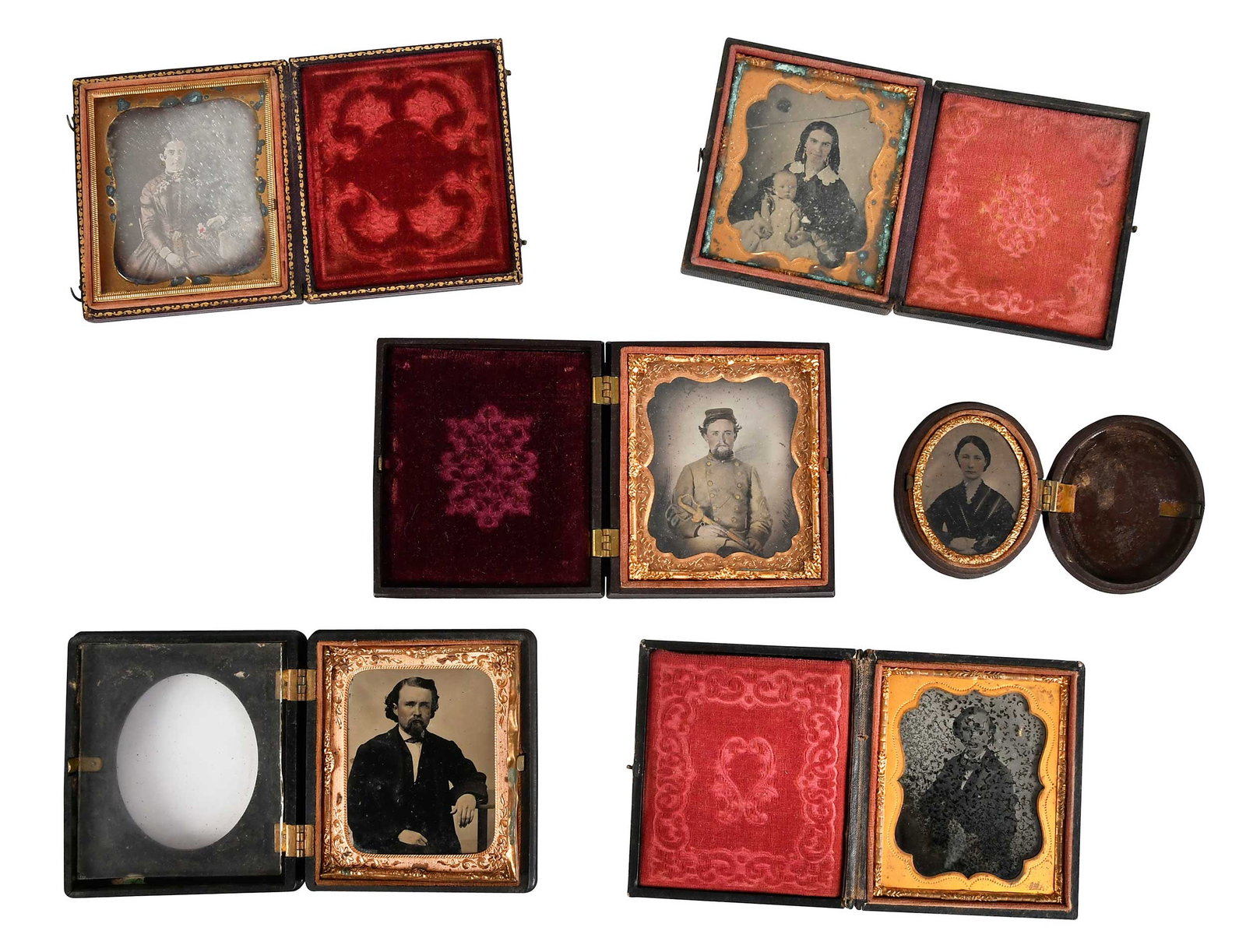 Early Photography Group, Daguerreotype / Ambrotype / Tintype: unknown sitters consisting of children, ladies, gentlemen, one a soldier with Confederate regulation captain's uniform holding a pre-war militia infantry officer's sword, Littlefield, Parsons, & Co. a