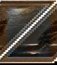 James Gale Tyler: (American, 1855-1931) Schooner by Moonlight, signed lower left "James G. Tyler", oil on canvas, 30-1/4 x 25-1/4 in.; modern carved gilt wood frame, 35-1/2 x 30-1/2 in. Provenance: Property from an Imp