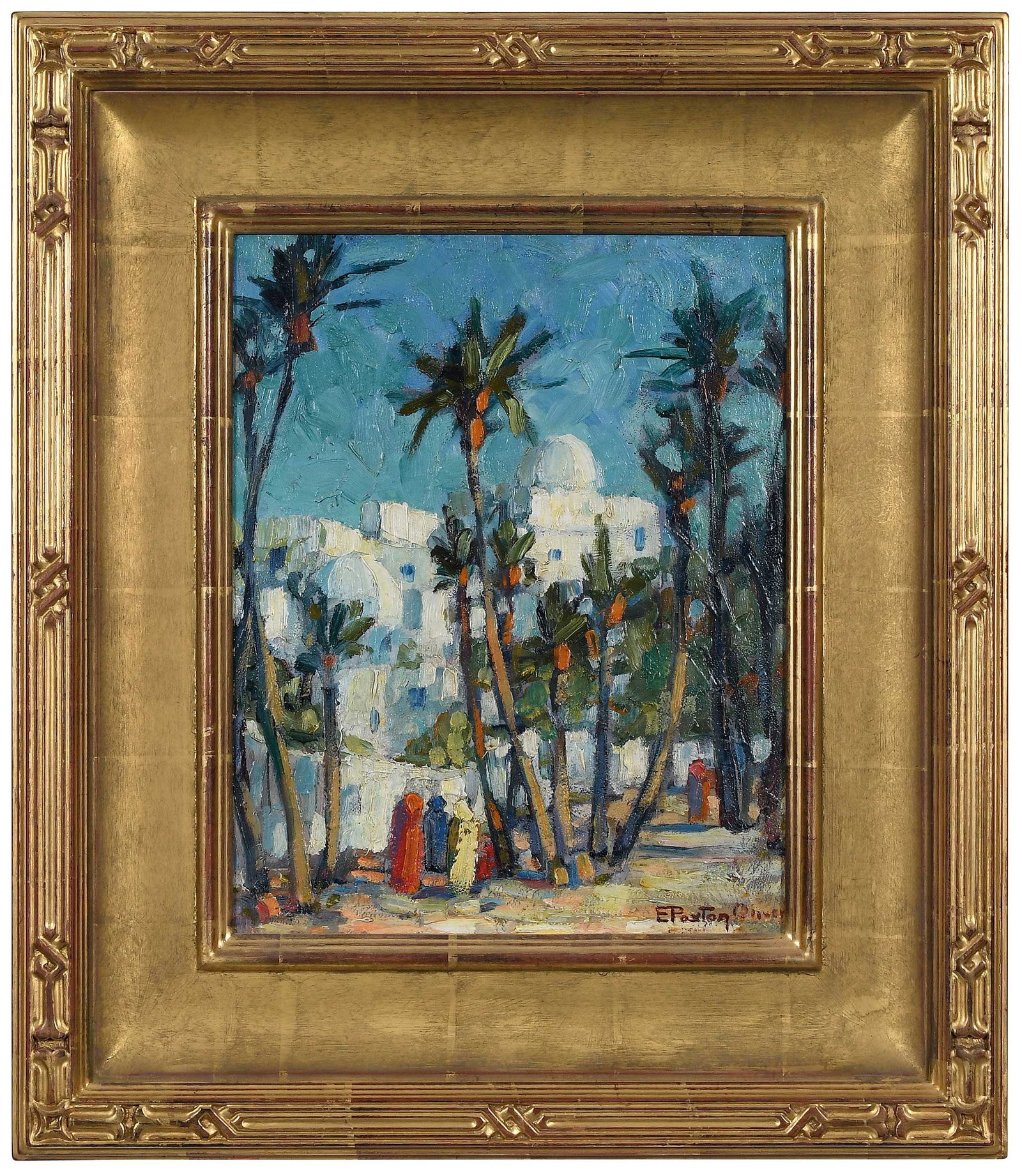 Elizabeth Paxton Oliver: (North Carolina/Georgia, 1891-1977) Safi, Morocco, signed lower right " E Paxton Oliver", oil on board, 13-1/2 x 11 in.; fine reproduction gilt wood frame, 21 x 18-1/2 x 1-3/8 in. Provenance: C. Dunca