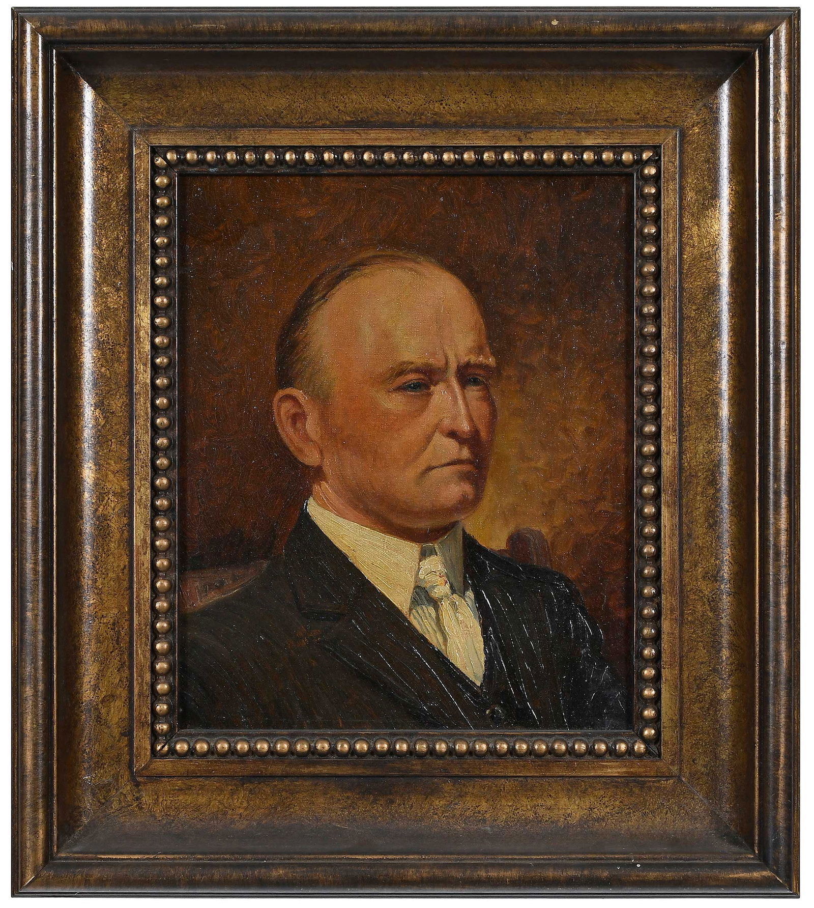 Benson Bond Moore: (American/Virginia, 1882-1974) Portrait of AHO Rolle (artist and founder of the Landscape Club of Washington D.C.), 1917, inscribed verso "by Benson B. Moore", oil on board, 11 x 9 in.; modern gilt wo