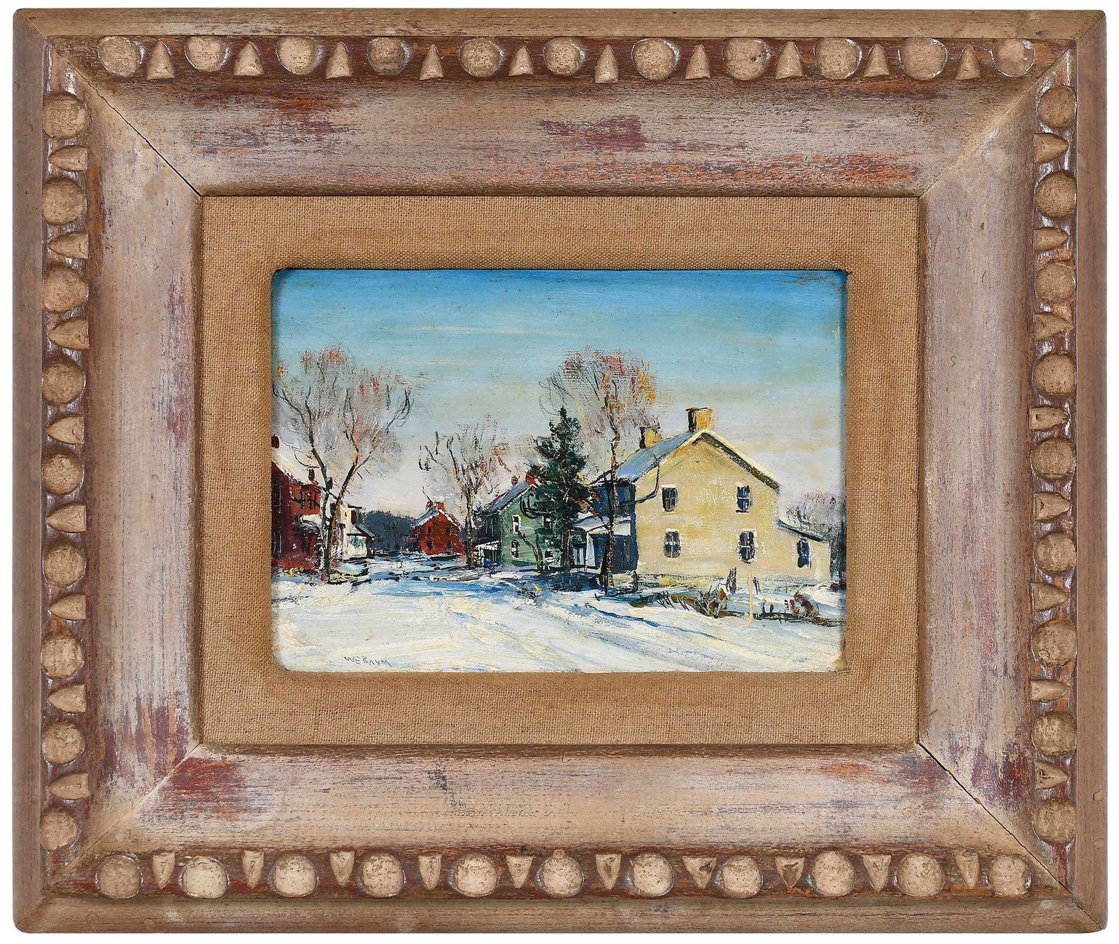 Walter Emerson Baum: (American, 1884-1956) Pennsylvania Village Scene, signed lower left "W.E. Baum", oil on canvas board, 5 x 7 in.; interesting carved wood frame, 10-3/4 x 12-3/4 in. Provenance: Private Collection, Wilm