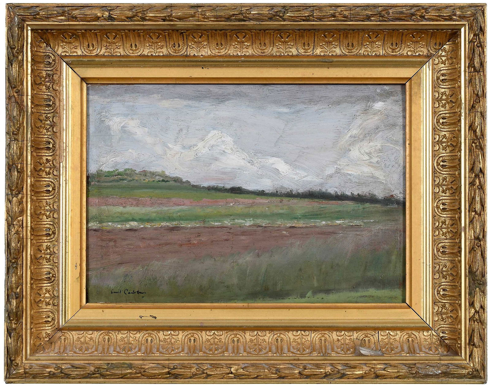 Soren Emil Carlsen: (Danish/America, 1853-1932) Summer Landscape, signed lower left "Emil Carlsen", oil on wood panel, x 10 in.; fine reproduction gilt wood frame, 10-1/2 x 14-1/2 in. Provenance: Monica Lathem, New Engla