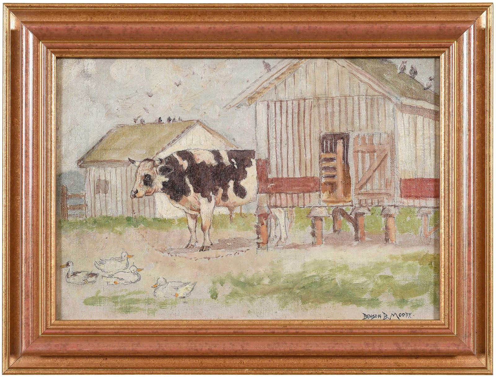 Benson Bond Moore: (American/Virginia, 1882-1974) Cow and Barns, 1910, signed lower right "Benson B Moore", oil on board; 7 x 10 in.; modern wood frame, 9-1/4 x 12-1/4 x 2 in. Provenance: Estate of the artist, by decent