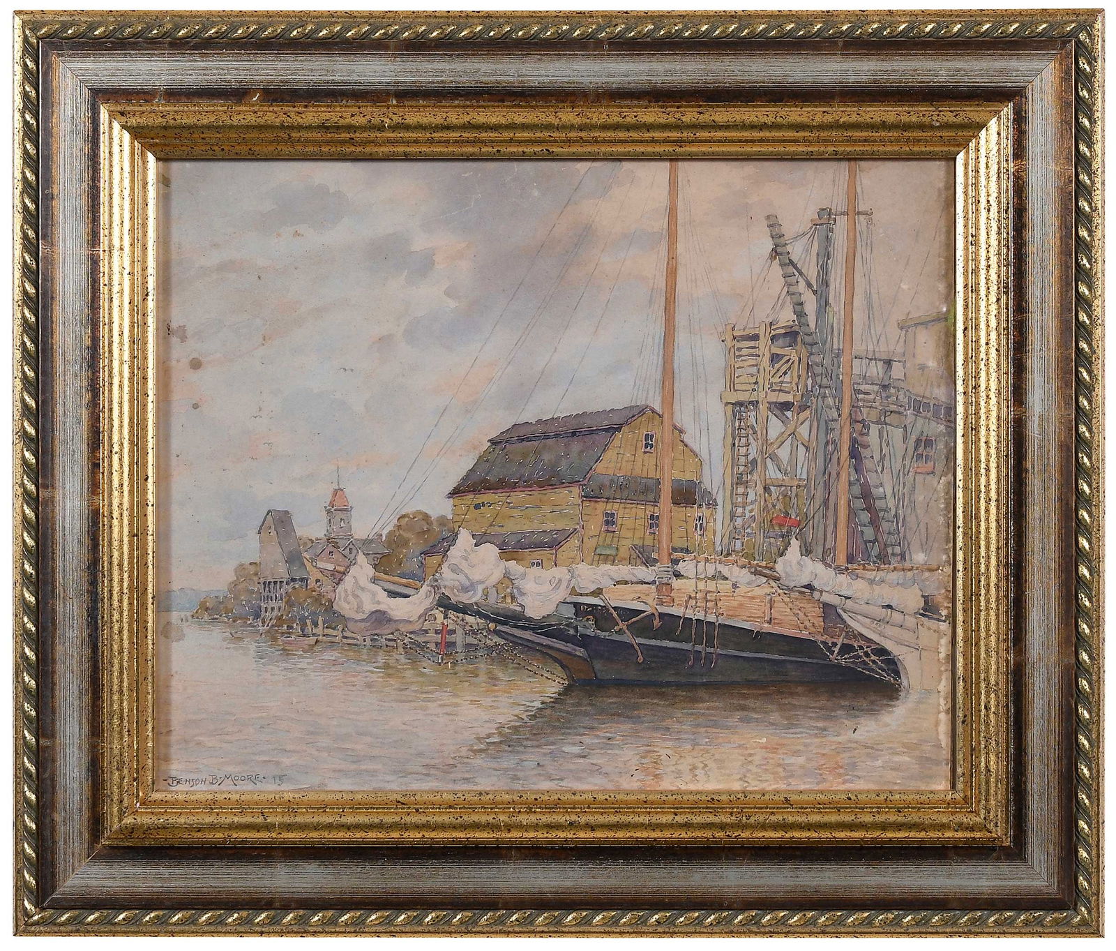 Benson Bond Moore: (American/Virginia, 1882 - 1974) Harbor Scene, signed lower left "Benson B Moore", watercolor on paper, 15-1/2 x 19-1/2 in.; modern gilt wood frame, 22-1/4 x 26-1/2 x 2 in. Provenance: Estate of the a