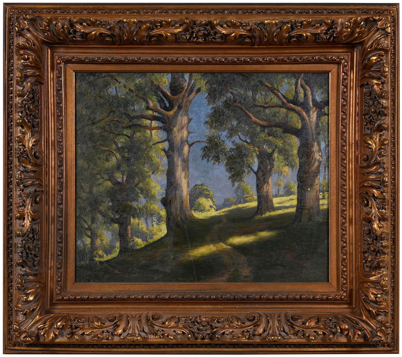 Benson Bond Moore: (American/Virginia, 1882-1974) Sun-touched Forest Landscape, signed lower right "Benson B Moore", oil on canvas, 20 x 24 in.; modern gilt composition frame, 33 x 36 x 3 in. Provenance: Estate of the a