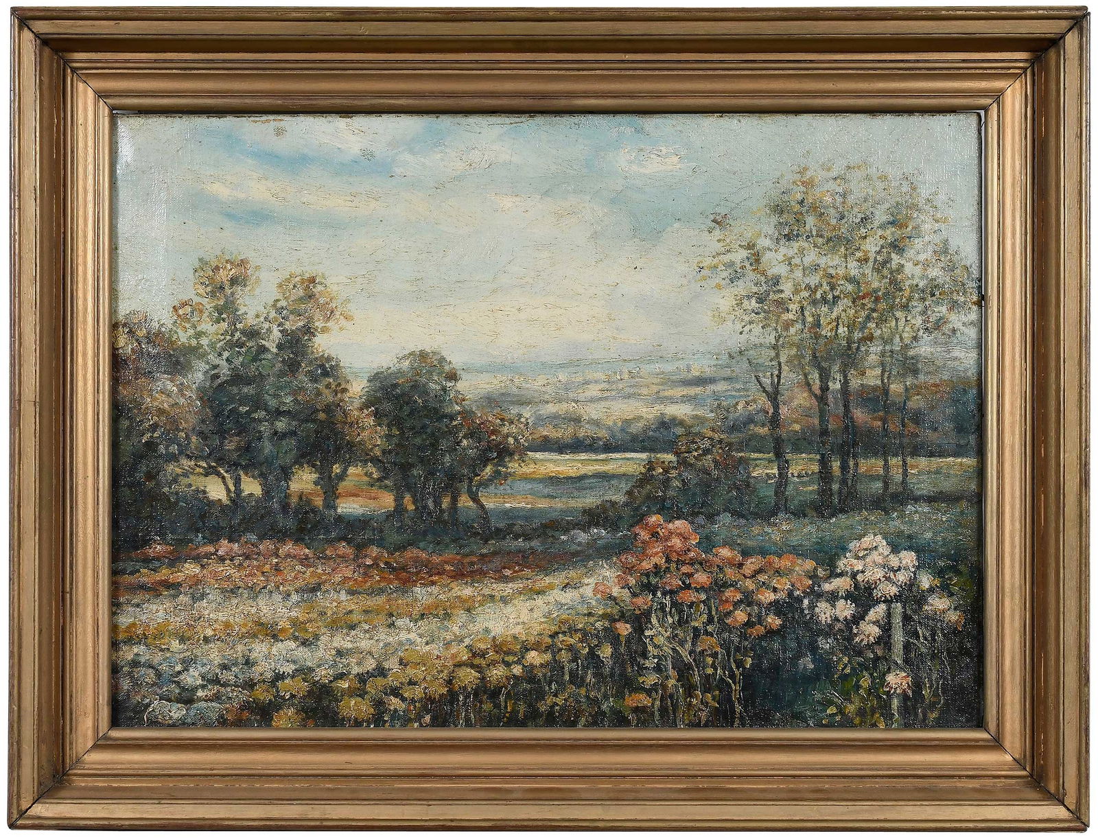 Attributed to Benson Bond Moore: (American/Virginia, 1882 - 1974) Landscape, not visibly signed, oil on canvas, 17 x 24 in.; 19th century cove molded frame, 23 x 29-1/2 x 2 in. Provenance: Estate of the artist, by decent to his nephe