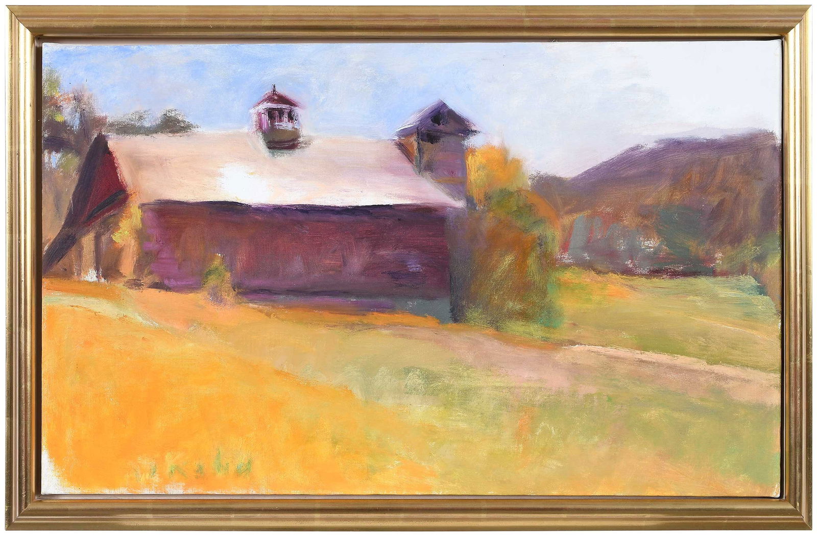 Wolf Kahn: (Vermont/German, 1927-2020) Barn Along The Leyden Road (No.73), 1993, signed lower left "W. Kahn", inscribed with number and dated verso linen, with artist's label, oil on linen, 16 x 25-7/8 in.; gilt