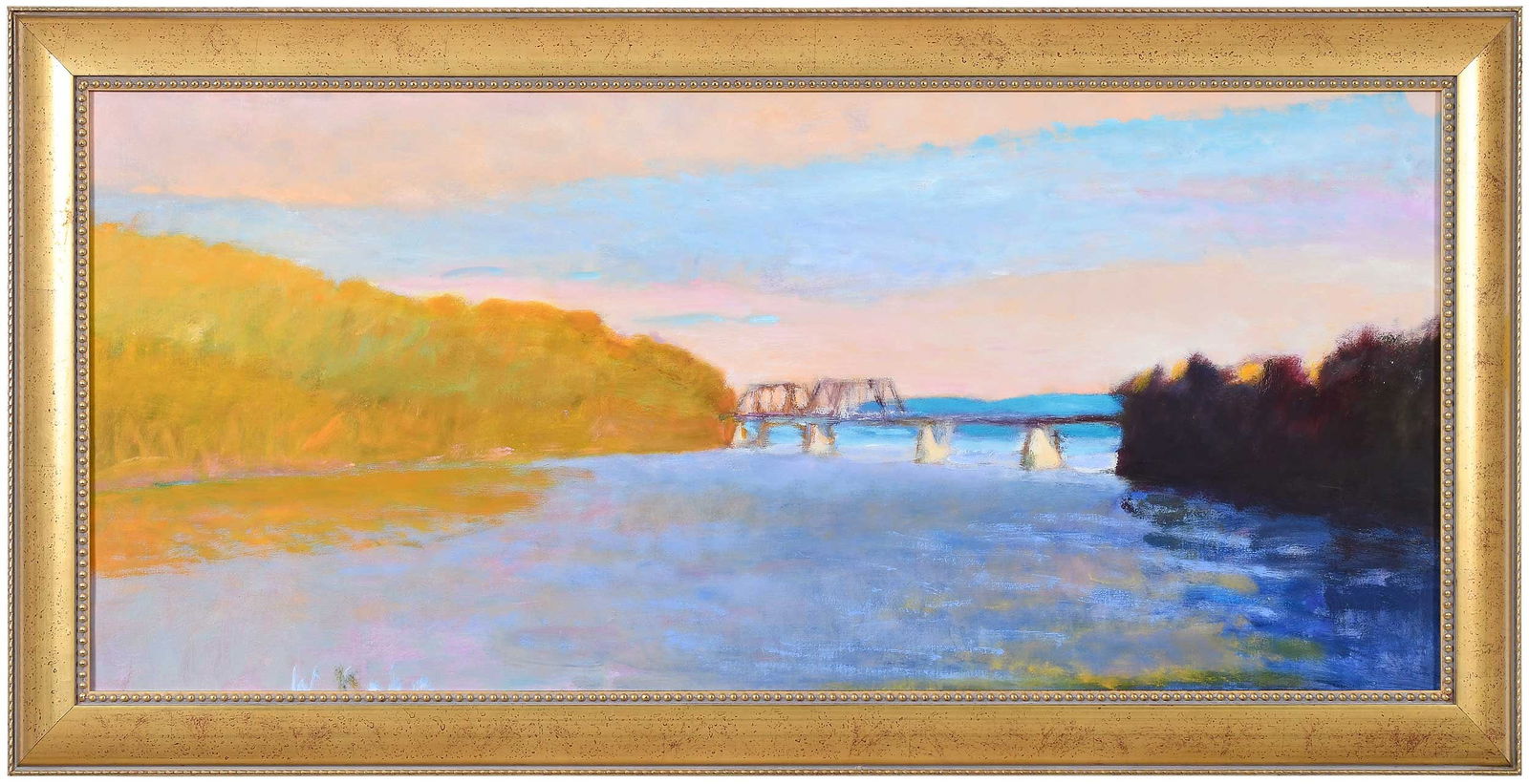 Wolf Kahn: (Vermont/German, 1927-2020) Railroad Bridge New Hindale, New Hampshire (No. 87), 1988, signed lower left "W. Kahn", inscribed with number and date verso, oil on linen, 20 x 44 in.; gilt wood frame, 25