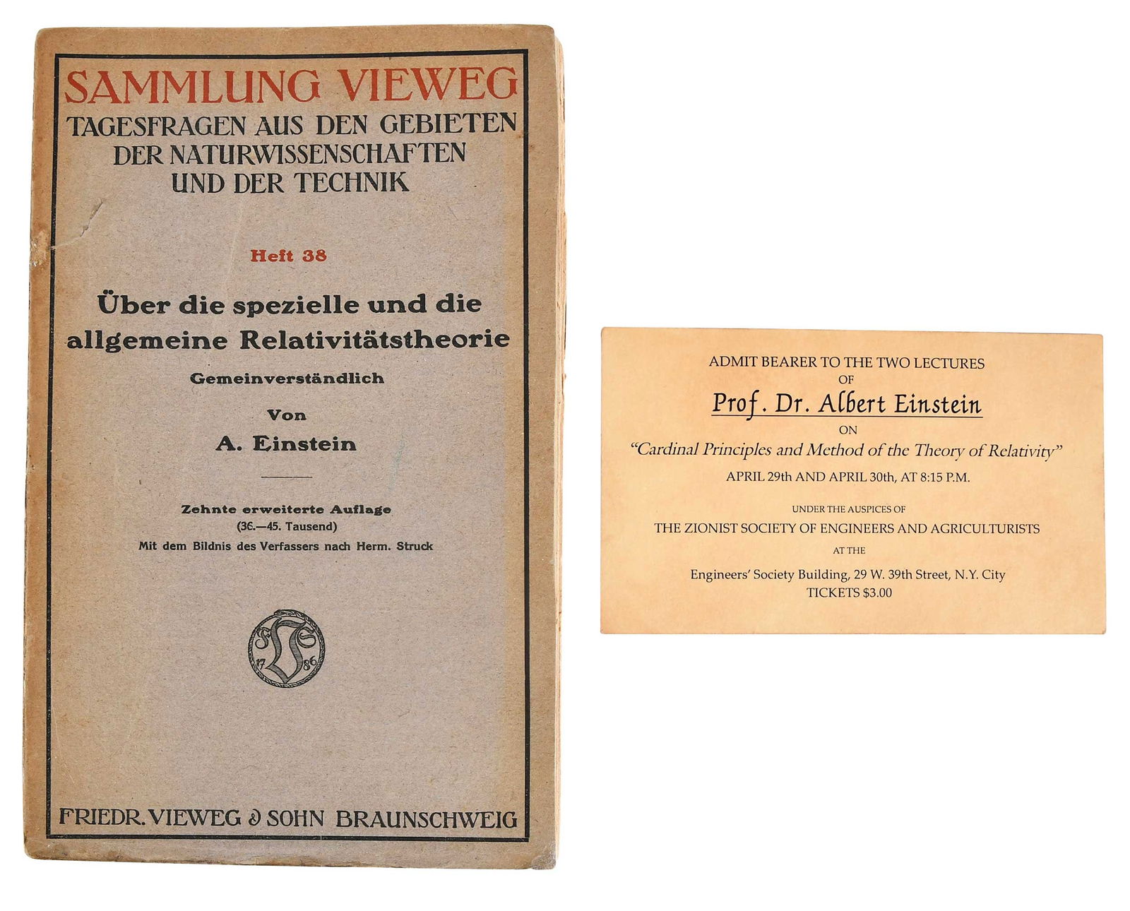Albert Einstein Signed 'Theory of Relativity', Vieweg Collection: On the Special and General Theory of Relativity, issued shortly before his Nobel Prize awarded, text in German, with signature "A. Einstein" and an inscription in German to front free fly, PSA/DNA let