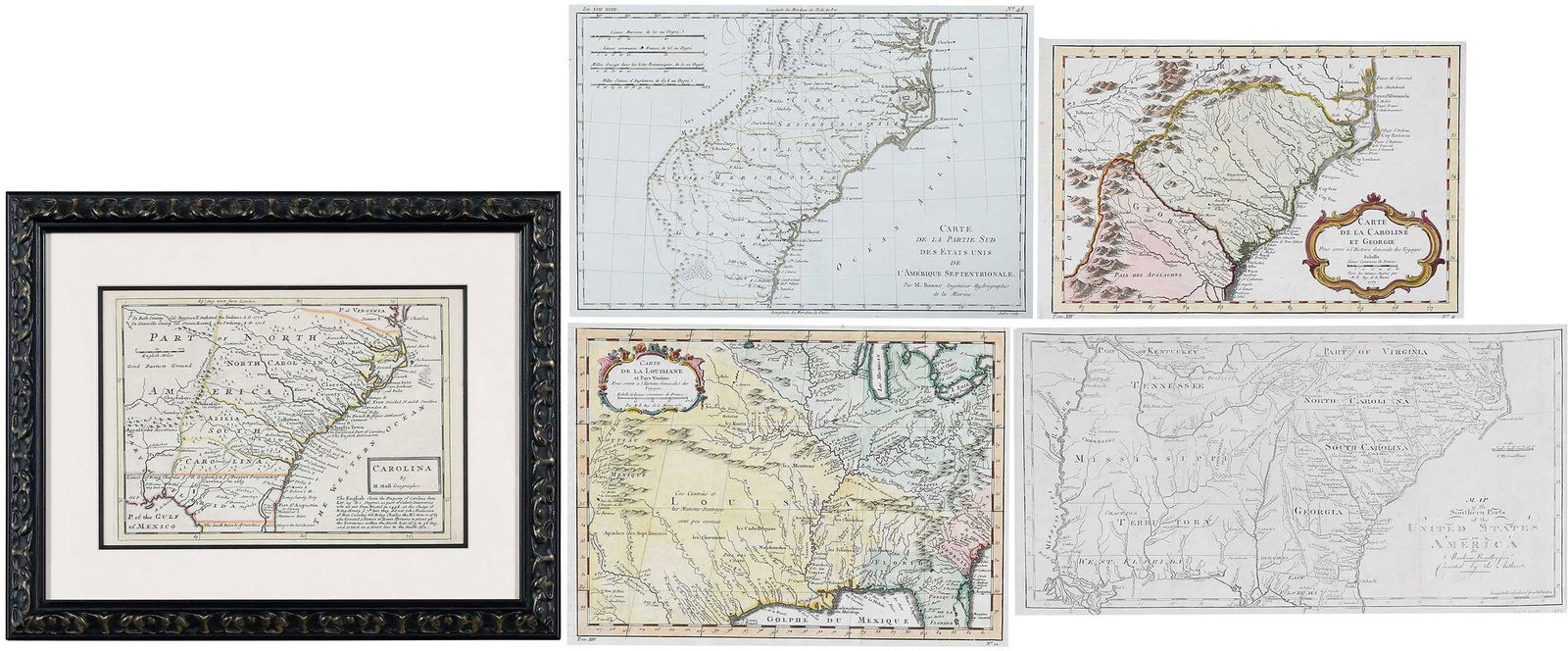 Five 18th Century Southern Maps, One Framed: comprising: Herman Moll, Carolina., London, 1729, in modern molded frame; Abraham Bradley & Jedidiah Morse, Map of the Southern Parts of the United States of America..., Boston, 1804; Rigobert Bonne,