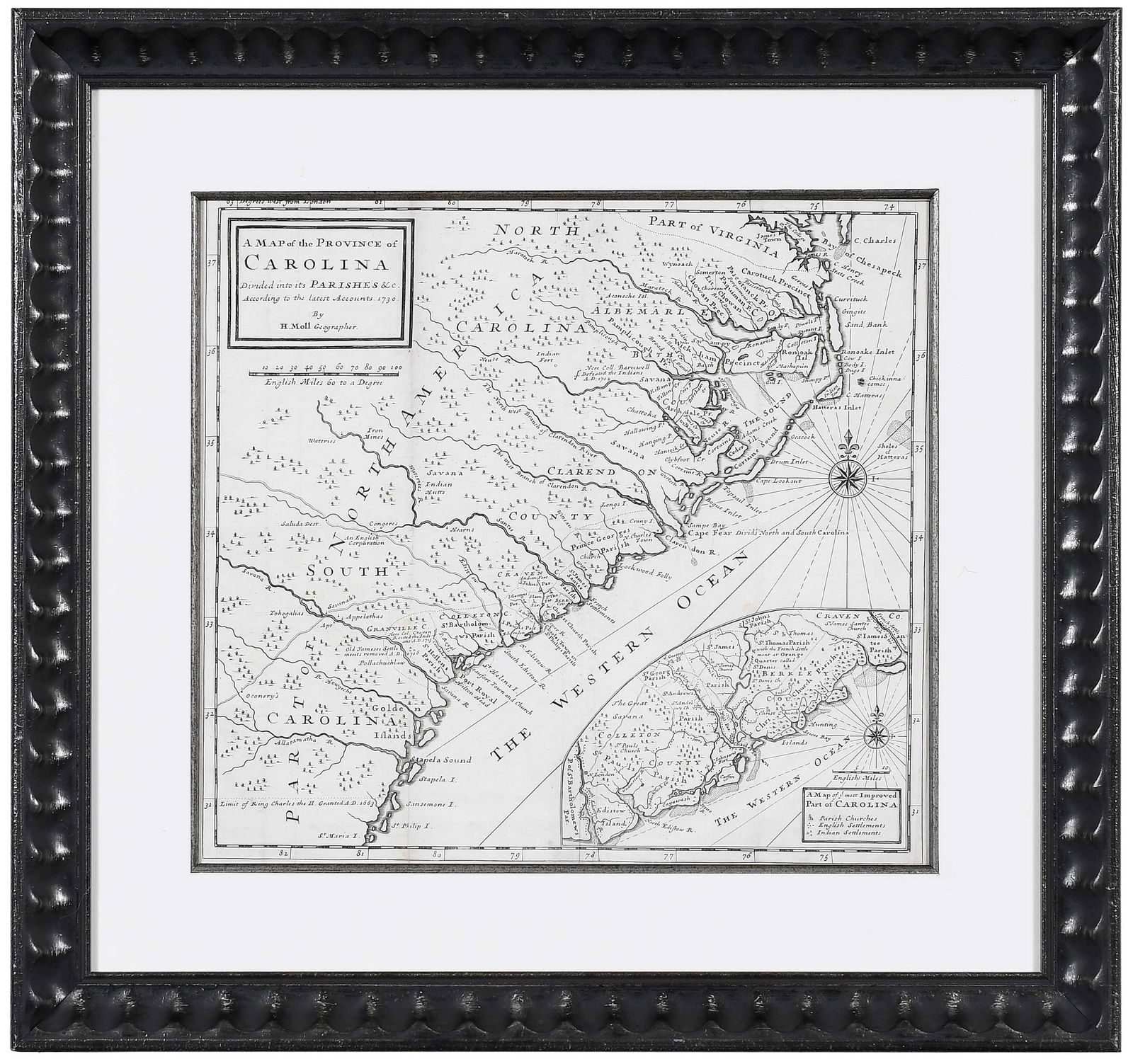 Moll - A Map of the Province of Carolina...: Herman Moll, A Map of the Province of Carolina Divided into its Parishes &c. According to the latest Accounts. 1730., London, 1730, uncolored, laid paper, sheet 16-3/4 x 14-1/2 in., plate 15-1/2 x 14-