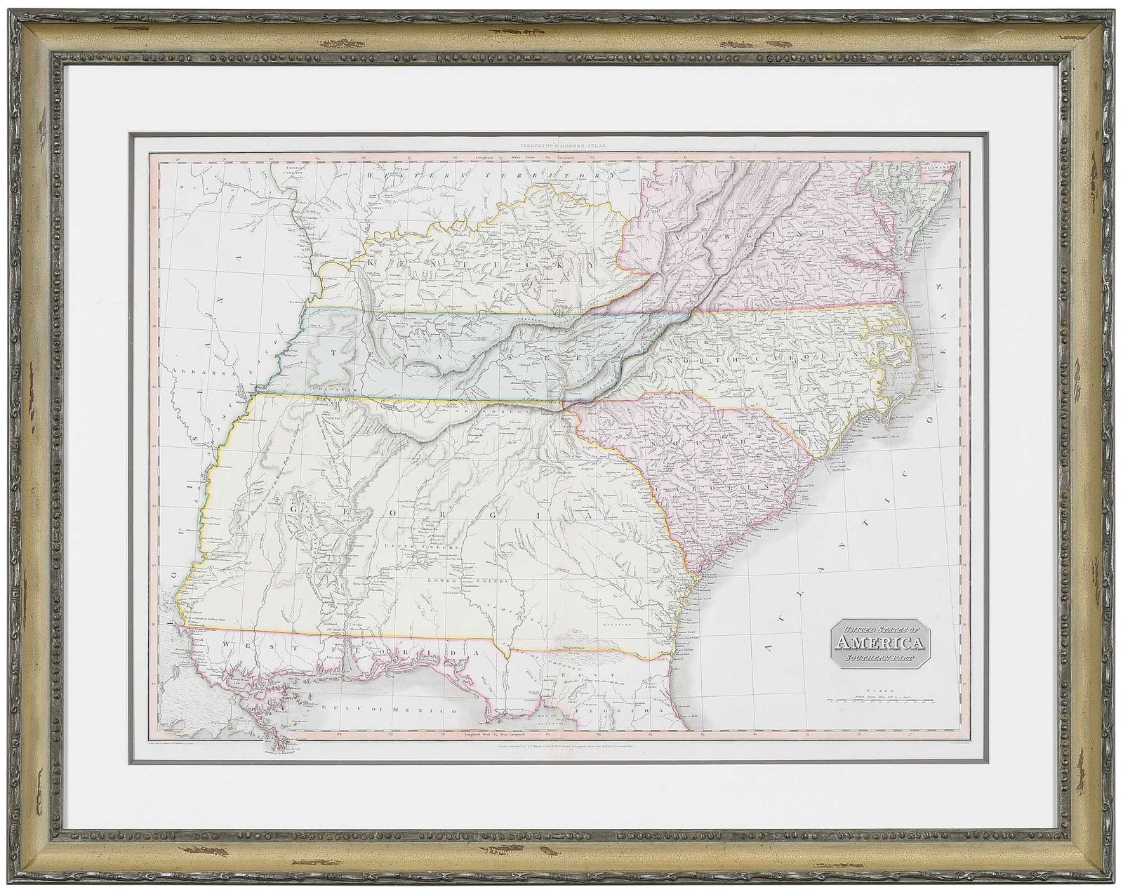 Pinkerton - United States of America, Southern Part: John Pinkerton, United States of America, Southern Part, London, 1809, hand colored, wove paper, sight 28-3/8 x 21 in.; frame 36-5/8 x 29 in. Provenance: Barry Lawrence Ruderman Antique Maps Inc., La
