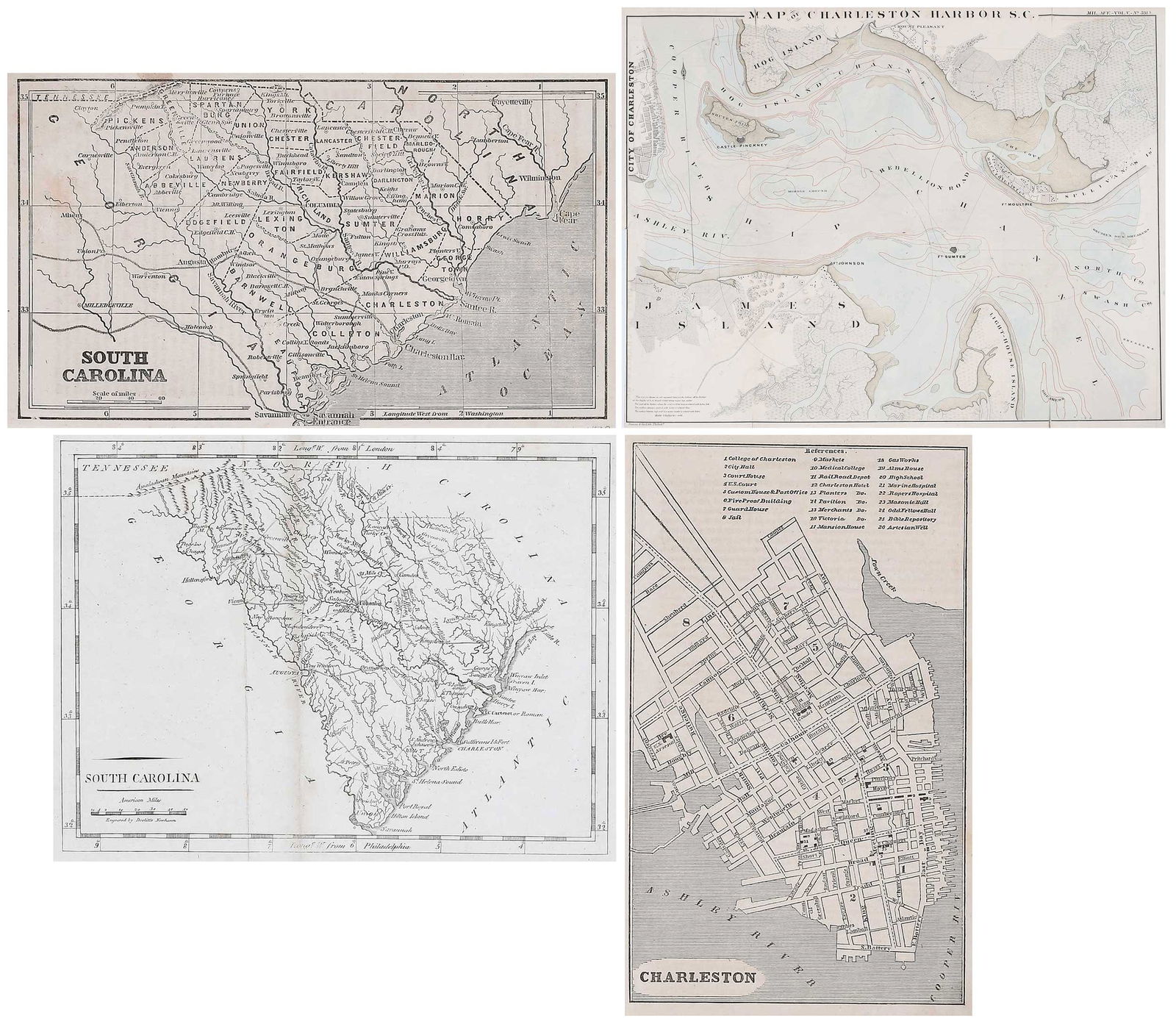 Four 19th Century Southern Maps; South Carolina, Charleston: comprising: Mathew Carey, South Carolina, Philadelphia, 1805, sheet 9-1/4 x 8-1/8 in.; Bowen & Co., Map of Charleston Harbor S.C., Philadelphia, 1860, hand colored, sheet 25-1/2 x 19-3/8 in.; Ensign,