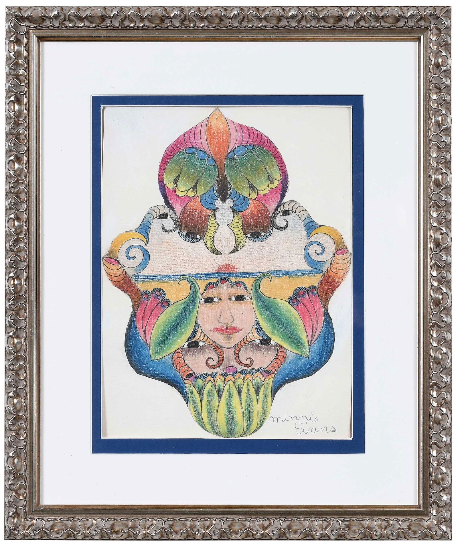 Minnie Jones Evans: (American/North Carolina, 1892-1987) Sunset Face, 2008, signed lower right "Minnie Evans", crayon, colored pencil, and graphite cut out on paper, sight 11-5/8 x 8-3/4 in.; carved and gilt wood frame,