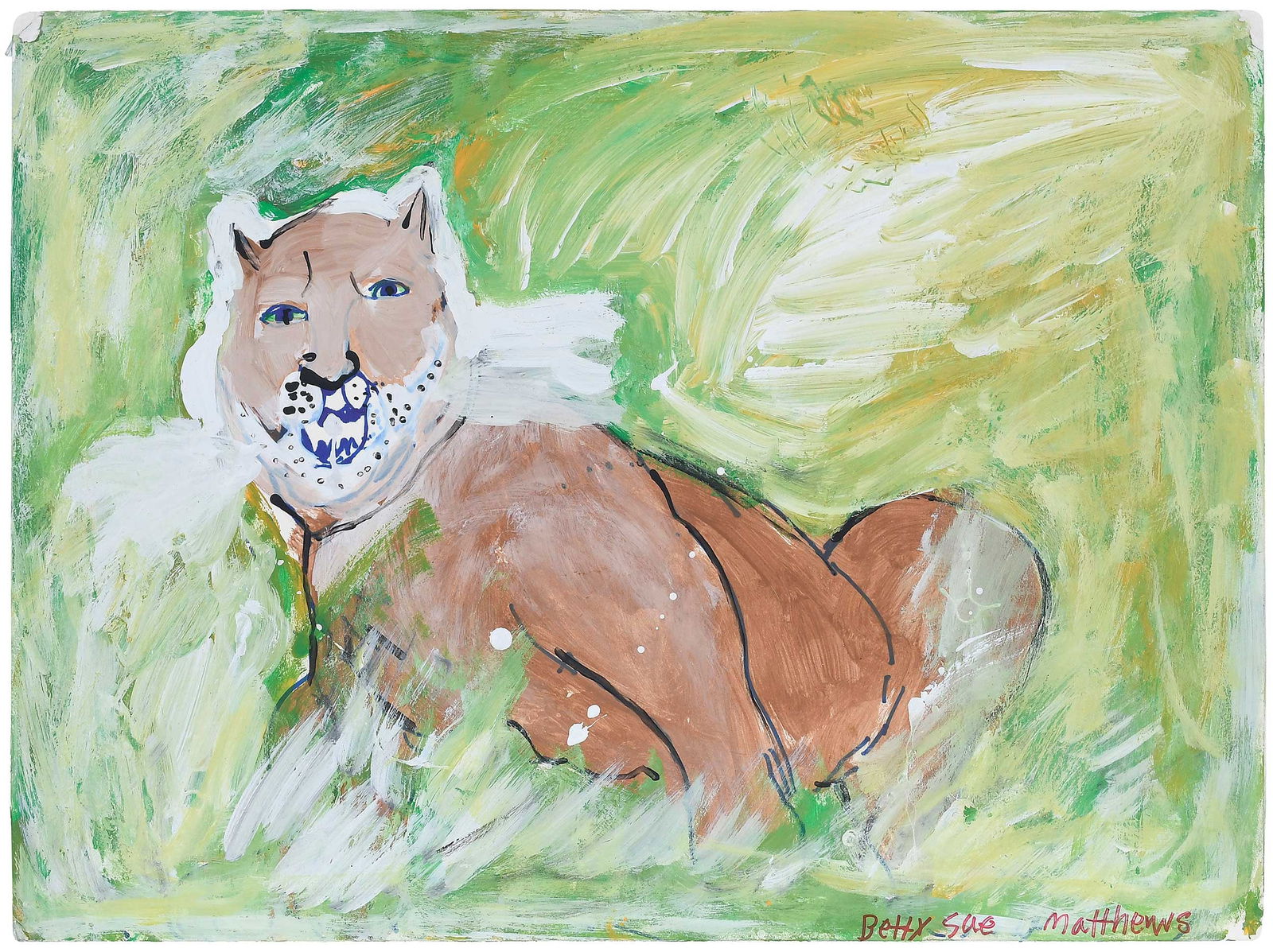 Betty Sue Matthews: (American/Alabama, 1944-2018) Mountain Lion, signed lower left "Betty Sue Matthews", tempera and marker on mat board, 17-7/8 x 23-3/4 in. Provenance: Property from the Collection of Ted and Ann Oliver