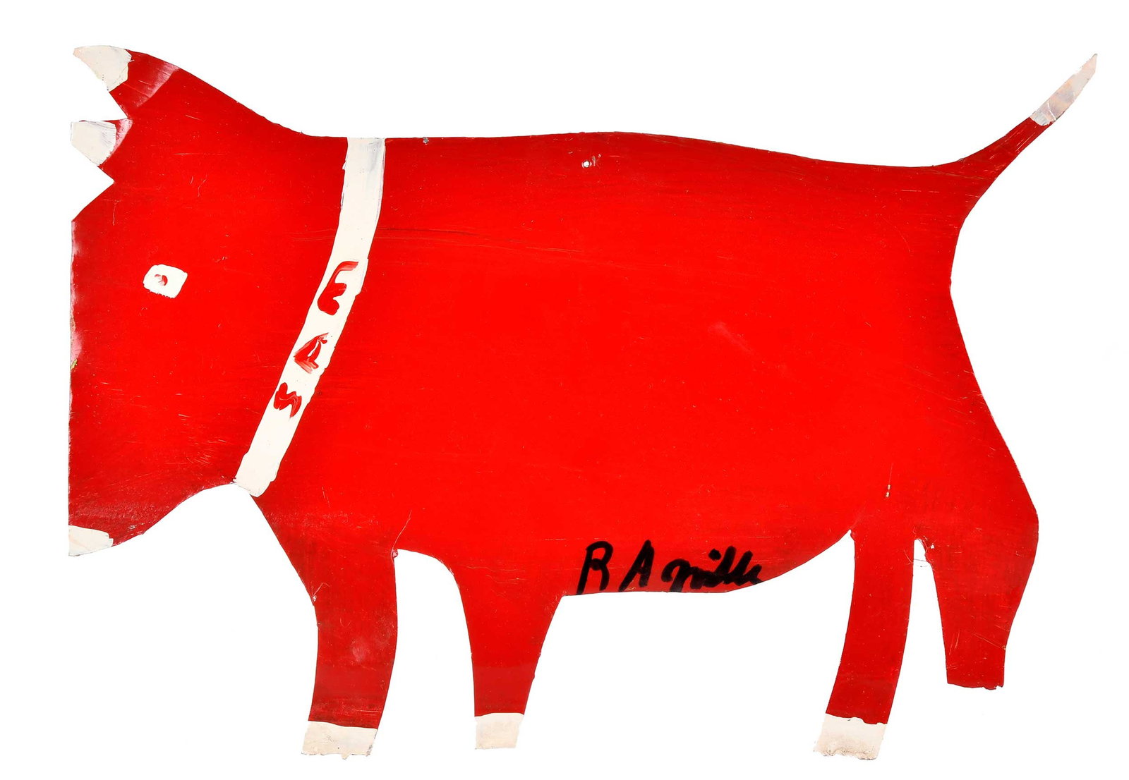 R.A. Miller: (American/Georgia, 1912-2006) Dog Named Sam, signed "RA Miller" to stomach, paint on tin, 11-3/4 x 17 in. Provenance: Property from the Collection of Ted and Ann Oliver