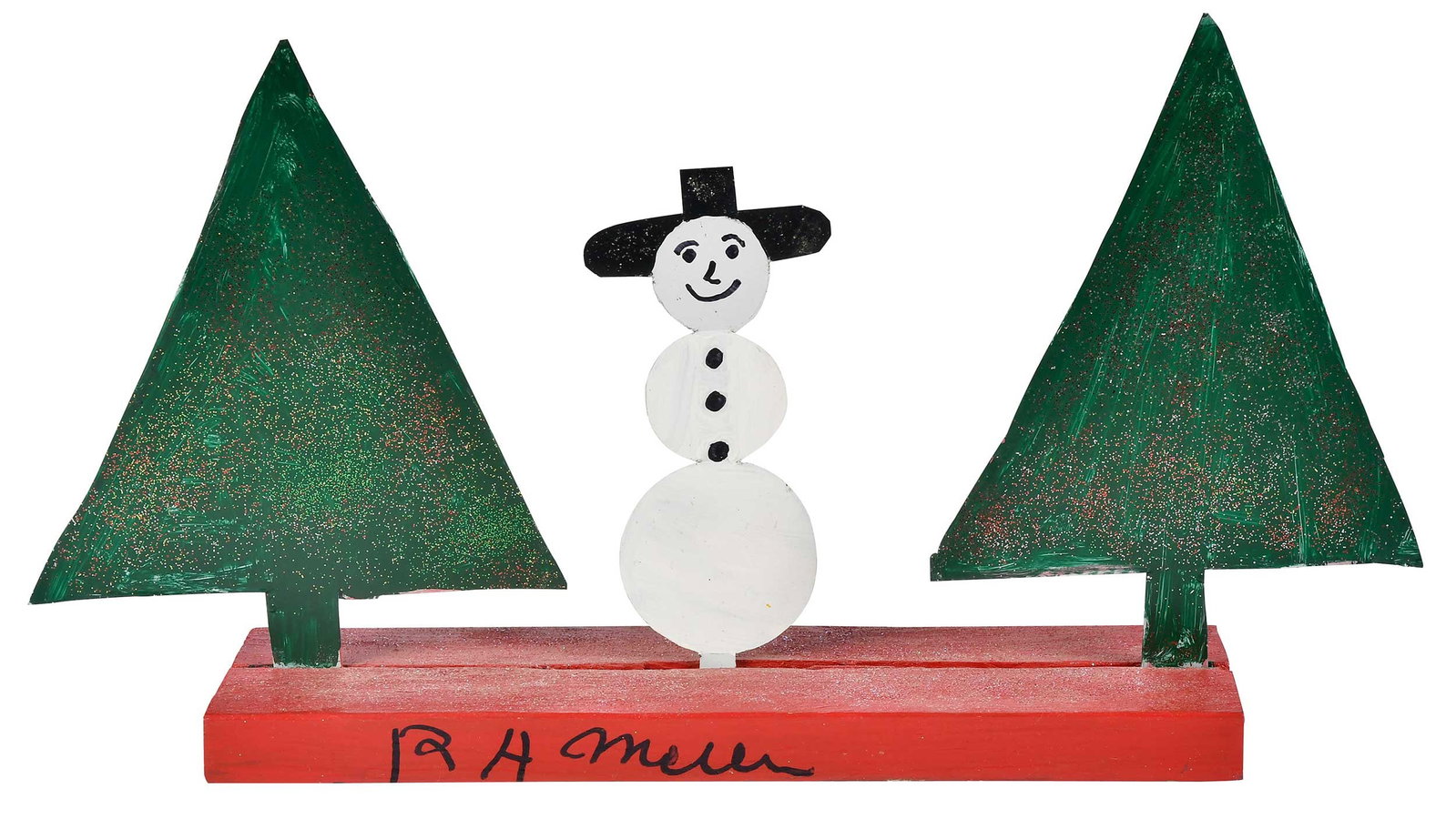 R.A. Miller: (American/Georgia, 1912-2006) Christmas Trees and Snowman, signed recto "RA Miller", painted tin on wood, 14-3/4 x 28-1/4 x 5-3/8 in. Provenance: Property from the Collection of Ted and Ann Oliver