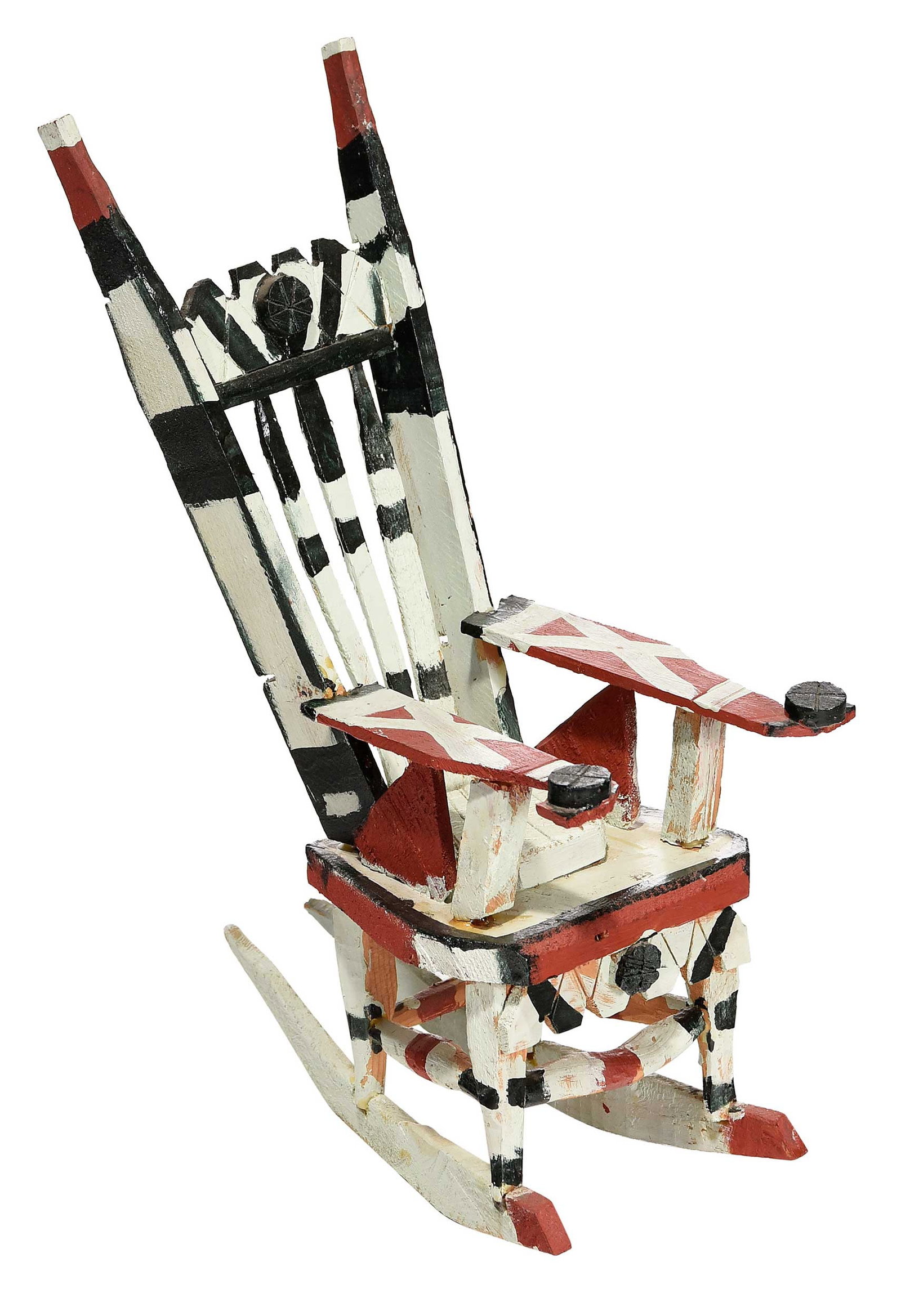 Willie Massey: (American/Kentucky, 1906-1990) Rocker, remnants of signature to base, house paint on wood construction, 15-1/4 x 6-3/4 x 10-1/4 in. Provenance: Property from the Collection of Ted and Ann Oliver
