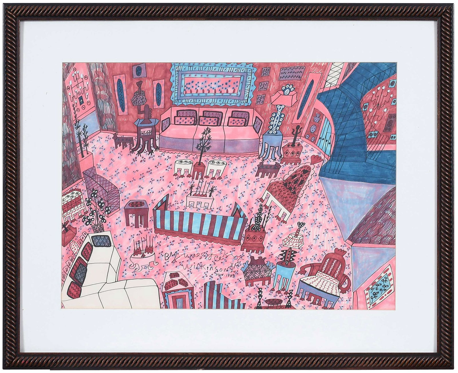 Wallace Knox Wilkinson, Jr.: (American/Georgia, 1954-2016) Movie Star, 1983, signed and dated center "By Wallace Knox Wilkinson Jr./Nov. 1983", marker on paper, sight 16-3/4 x 23 in.; carved wood frame, 25-1/4 x 31-1/8 x 1-1/8 in