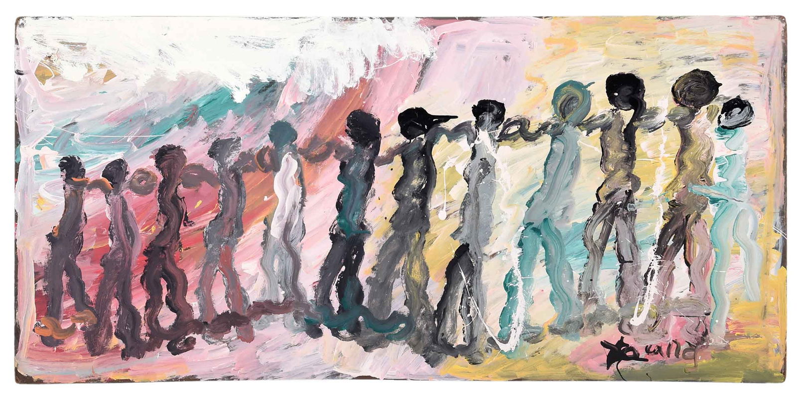 Purvis Young: (American/Florida, 1943-2010) Slaves, 2004, signed "Young" lower right, acrylic on Masonite, 24 x 49 x 1/4 in. Provenance: Property from the Collection of Ted and Ann Oliver