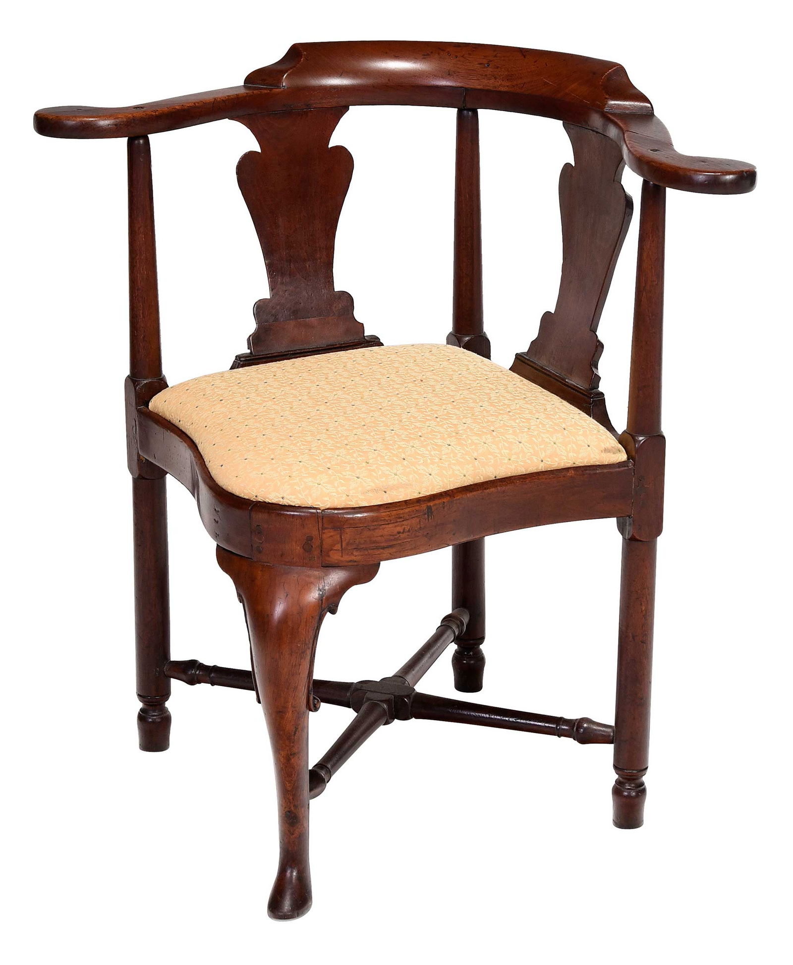 Rare Queen Anne Carved Walnut Corner Chair: Northern neck of Virginia, Maryland, or Irish, mid 18th century, with shaped arms and two vaseform splats, serpentine seat rails with conforming slip seat, cabriole front leg with C scrolls, turned st