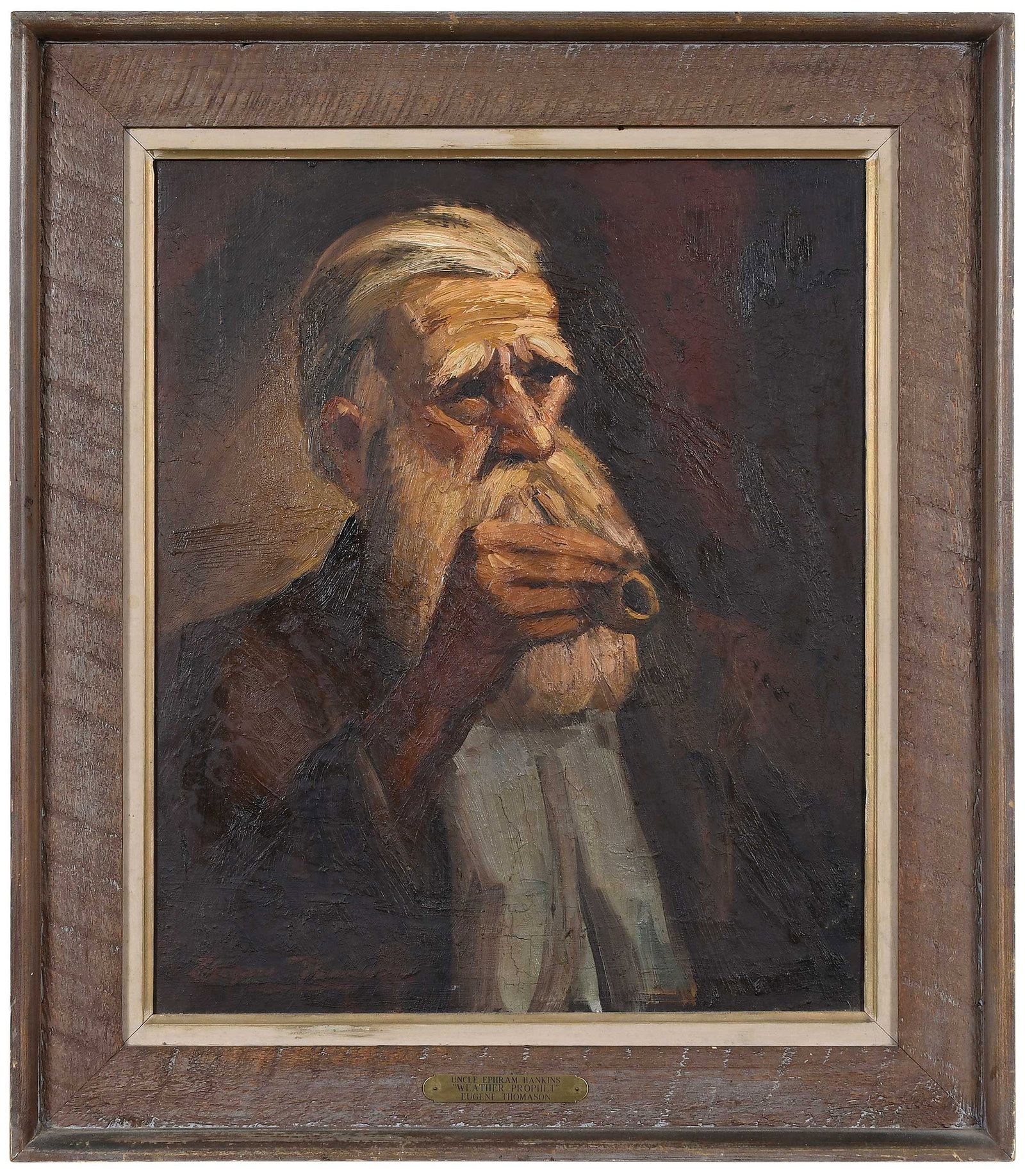 Eugene H. Thomason: (American/North Carolina, 1895-1972) Portrait of "Uncle Ephram Hankins", signed lower left "Eugene Thomason, inscribed verso "Uncle Ephram Hankins/painted by-/Eugene Thomason", oil on canvas, 24 x 20 