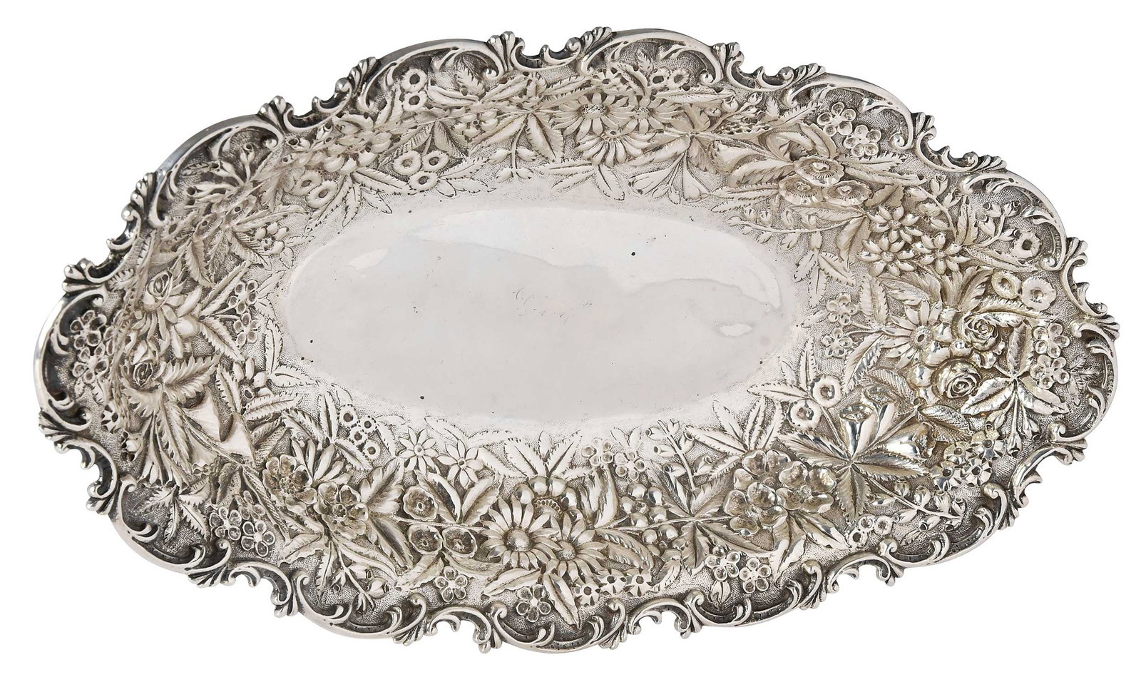 Kirk Repousse Sterling Oval Bowl: American, 1868-1890, oval with floral and vine decoration, scroll border, monogram on base "Dec 30th 1846-96", marks for S. Kirk & Son, 12.98 oz. T., 2-1/2 x 12-1/2 x 7 in. Provenance: Private Collect