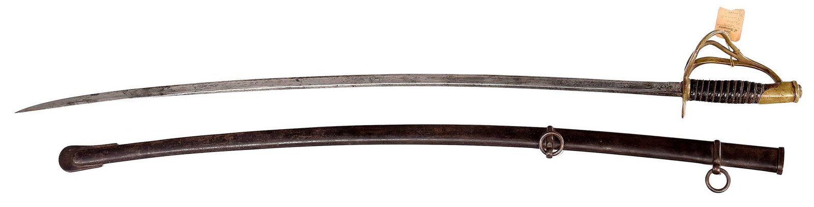 Model 1840 Pattern Palmetto Armory Cavalry Saber: manufactured by William Glaze using gathered components from outside South Carolina, ricasso stamped "Columbia, SC" (slight doubling to mark) and "C.S.A." at other side, "38 E" stamped at fingerguard,