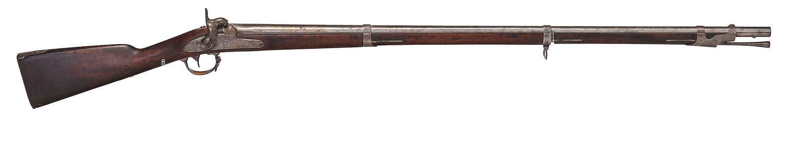 Springfield Percussion Musket: model 1842 Springfield percussion musket cal .69, with socket bayonet, markings include: perched eagle with shield and "SPRING/FIELD/1853", "V, P,..." on barrel, cryptic carvings at underside "2H HCH?