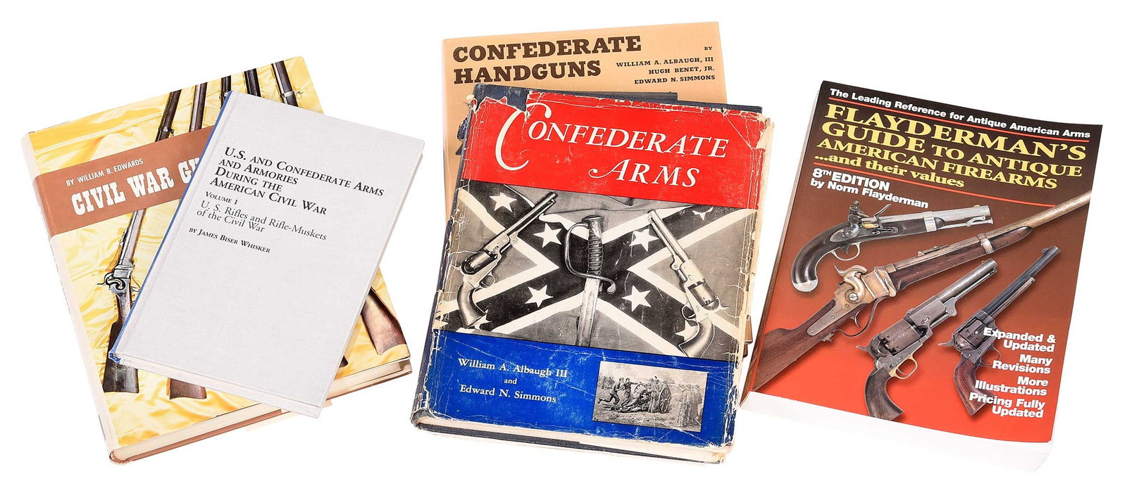 13 Books on Confederate Arms, Assorted Titles: Titles include: Flayderman's Guide, 8th ed., Confederate Arms by Albaugh and Simmons (x2), Civil War Guns by Edwards (x3), Confederate Handguns by Albaugh, Benet, and Simmons (x2), Handbook of Confede