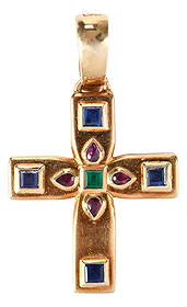 18kt. Cartier Byzantine Cross Pendant with Ruby, Emerald, and Blue Sapphire: four square single cut blue sapphires, one emerald, and four pear single cut rubies, marked "750, 1993, Cartier, 92425", bail stamped with French eagle's head hallmark, yellow gold, and maker's mark "