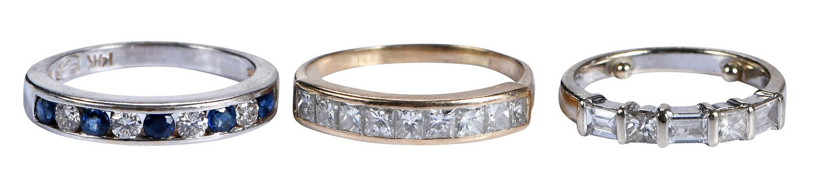 Three 14kt. Diamond Stackable Rings: comprising: channel set, nine square princess cut diamonds, approx. 1.00ctw., marked "14K", yellow gold, 7 ring sz.; four round brilliant cut diamonds, alternating with five round brilliant cut blue s