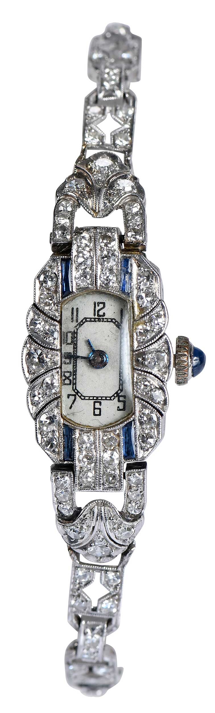 Platinum Art Deco Diamond and Blue Sapphire Watch (1 of 9)
