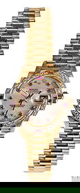 18kt. President Datejust Rolex Diamond and Ruby Watch: 26mm case, mother of pearl dial, ruby hour markers, ruby and diamond bezel, date indicator, sapphire crystal, automatic movement, 18kt. yellow gold, approx. 5-3/4 in. inside measurement, with four ext