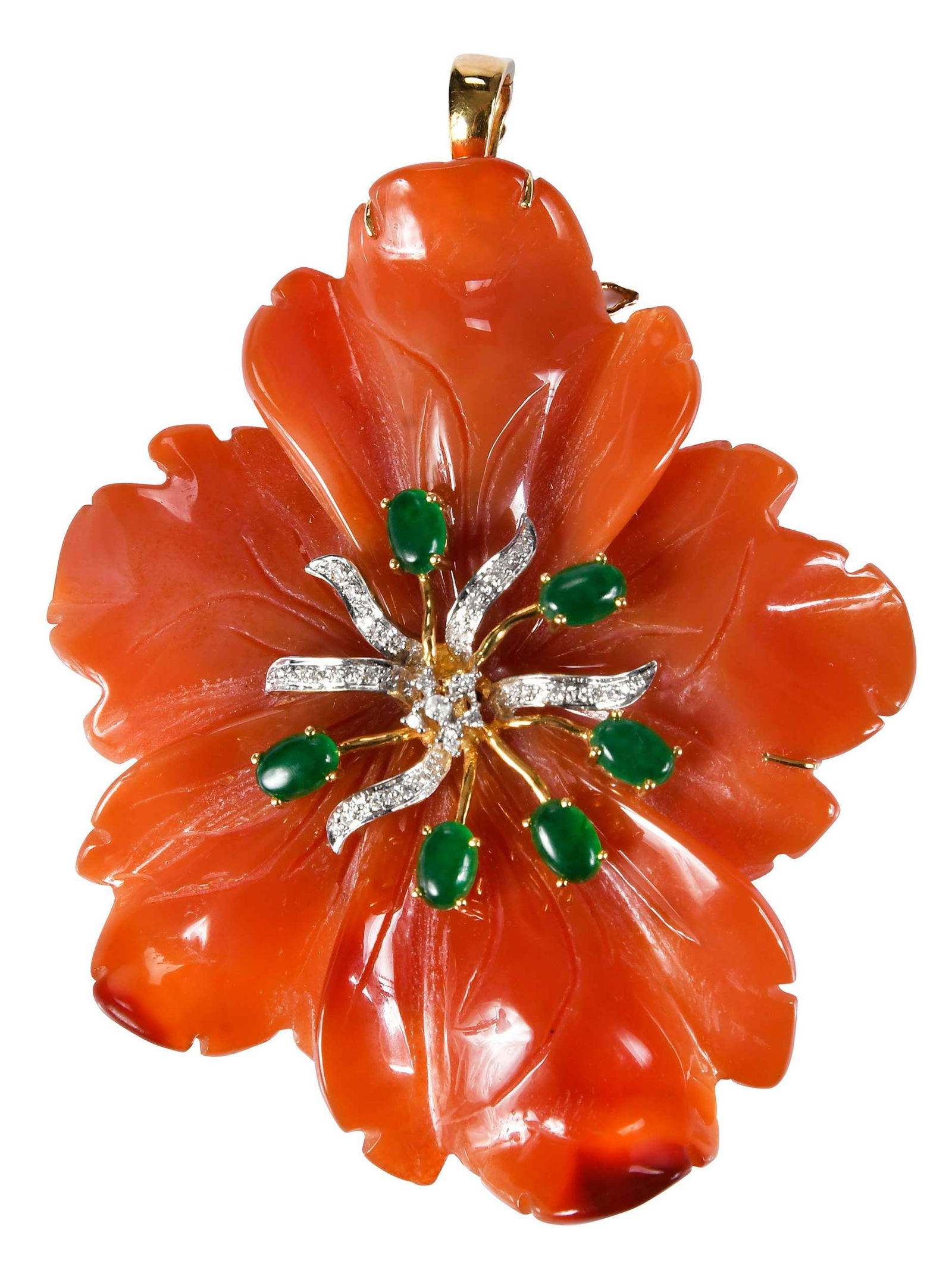18kt. Red Carnelian Flower, Accents of Green Jade and Diamond Brooch/Pendant (1 of 6)